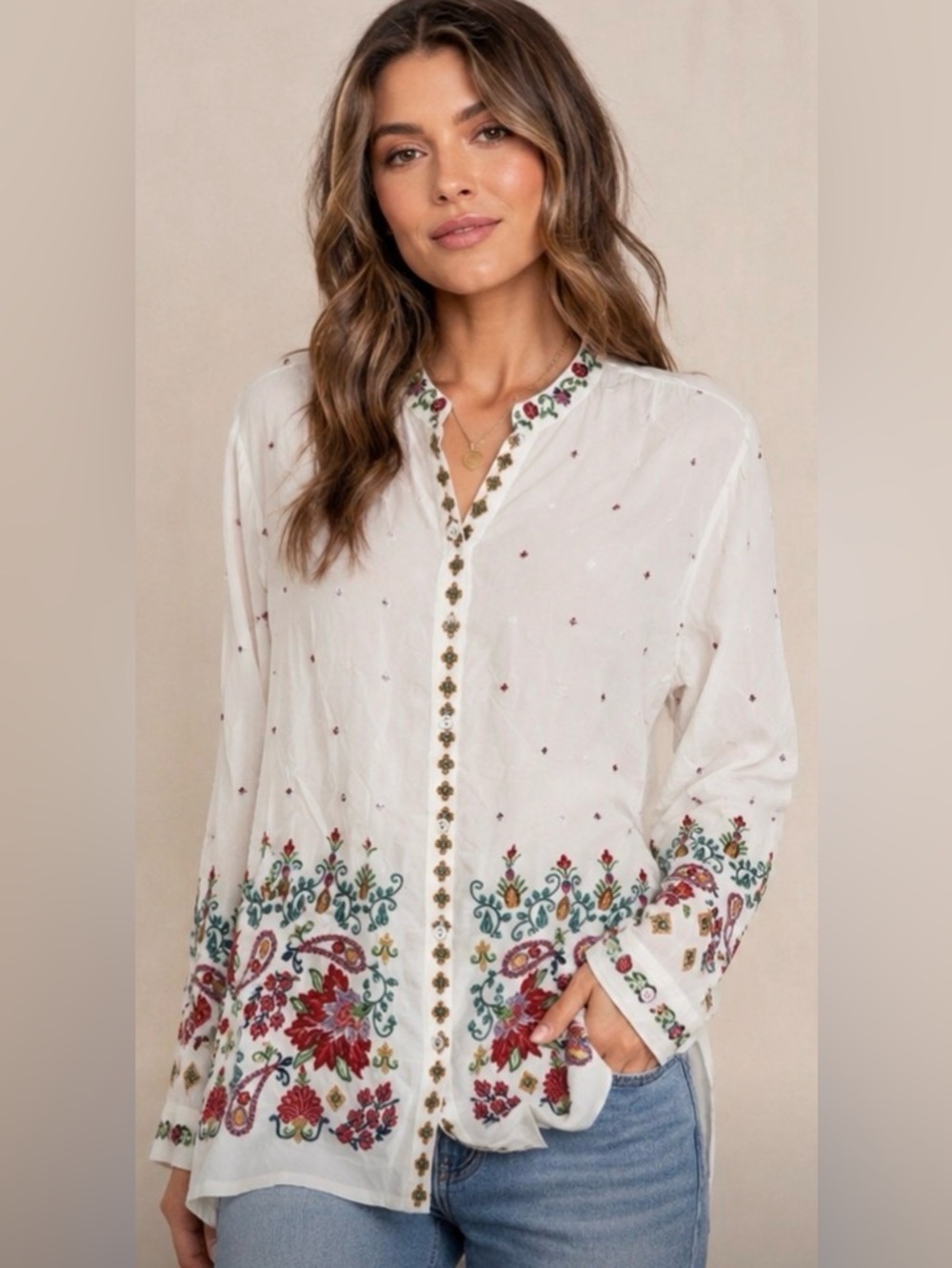 Johnny Was Blouse Size Small Shirt White Embroidered Floral Button-Front Tunic